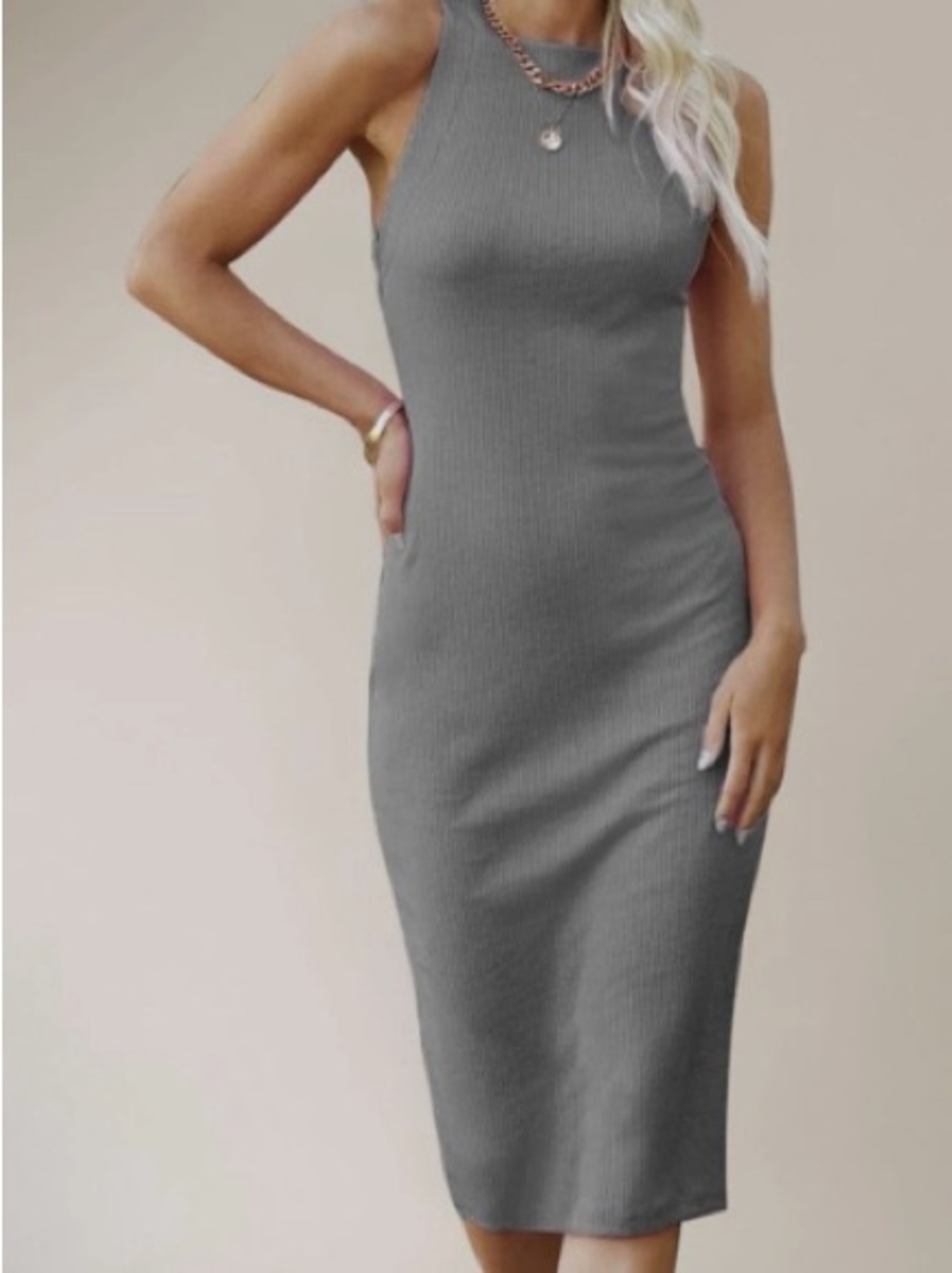 Sleeveless Ribbed Midi Dress - Gray